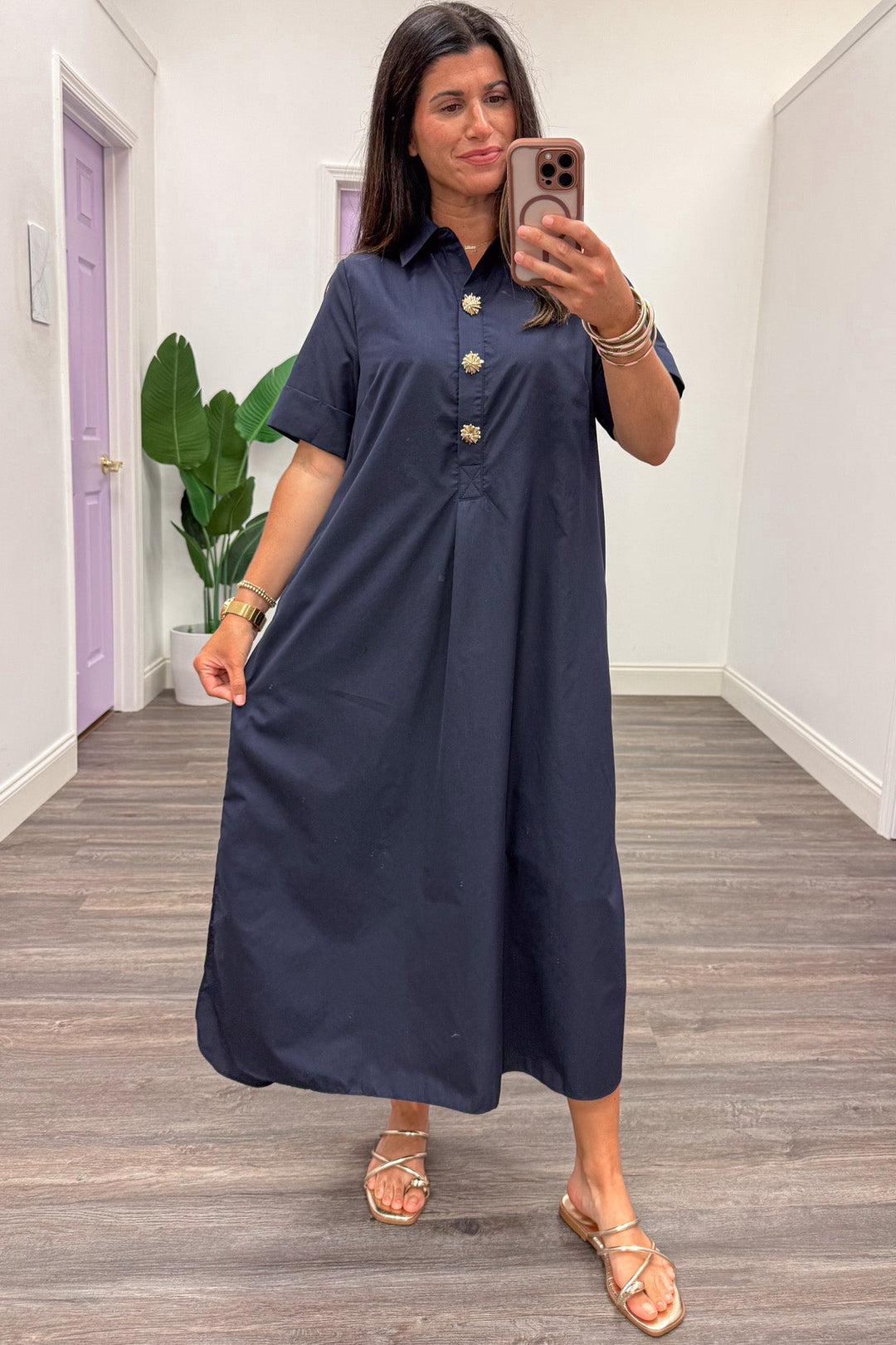 Navy Midi Dress With Gold Decorative Snap Bodice And Collar Small