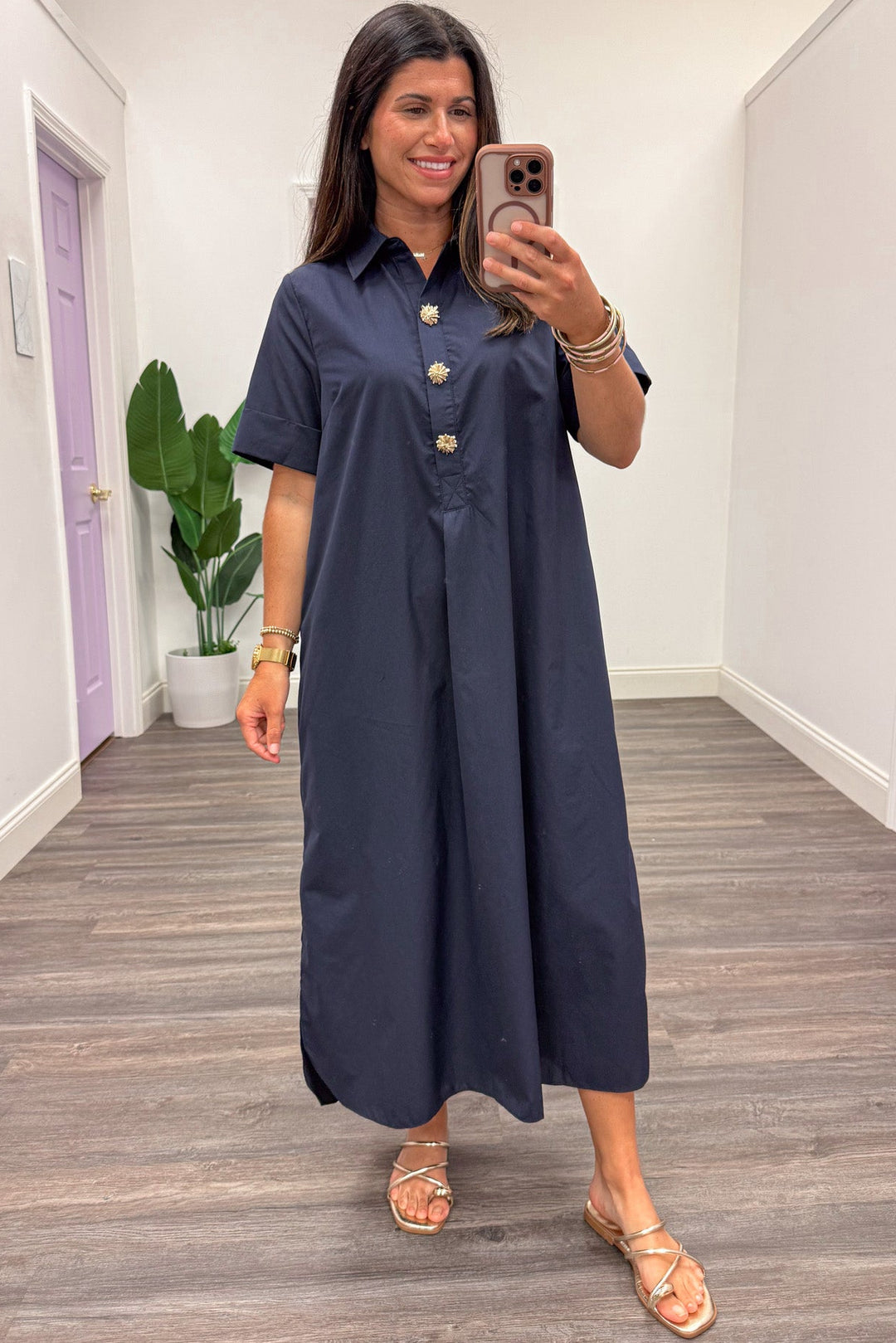navy blue with gold decorative bodice buttons short sleeve midi dress