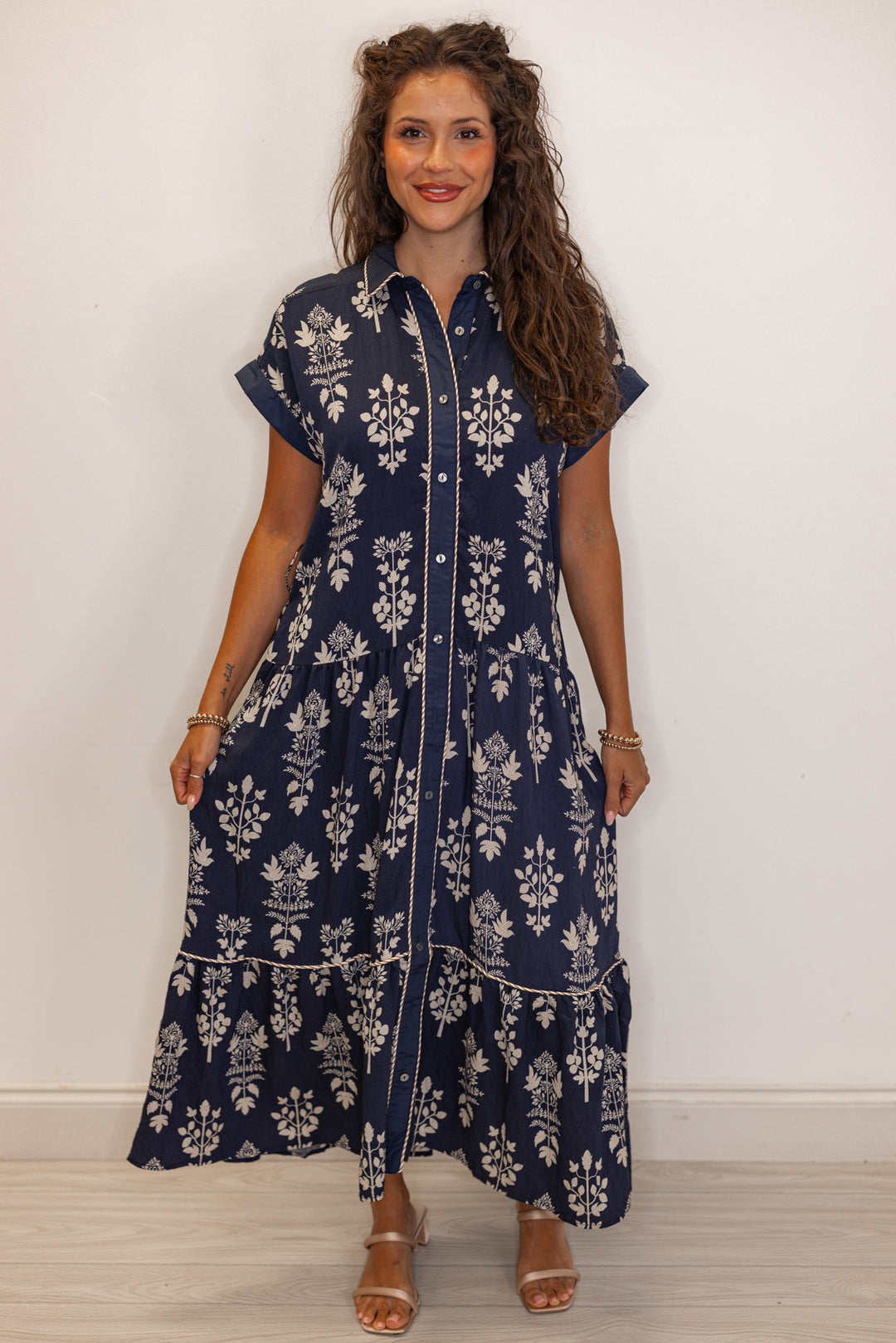 Women's navy floral print button up midi dress
