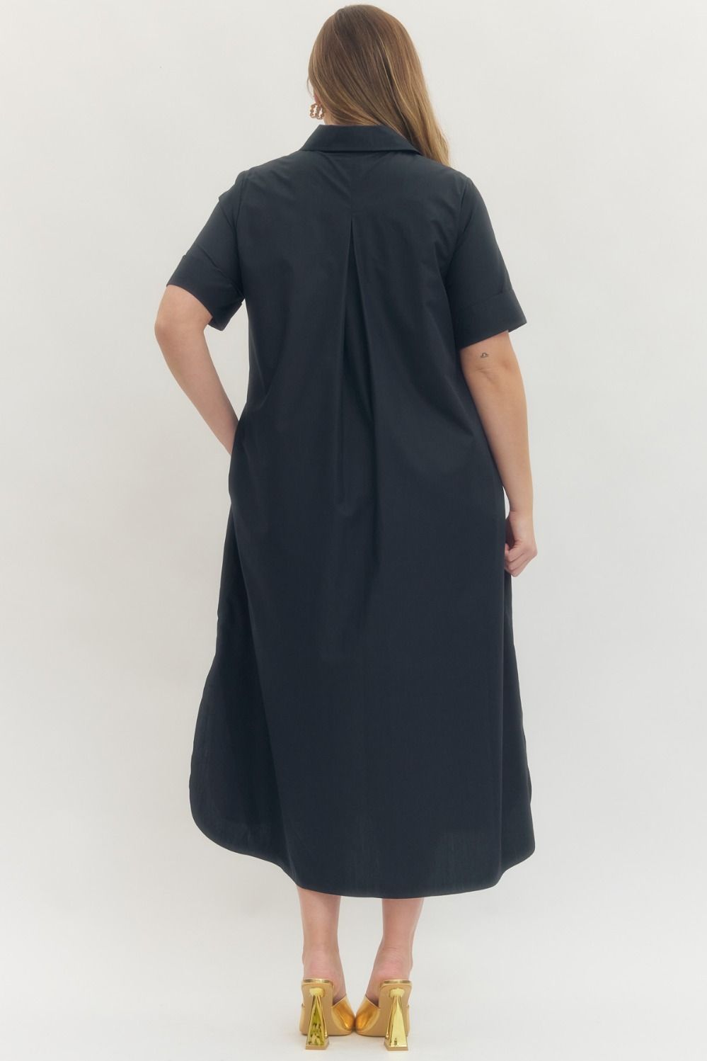 Entro plus size navy midi dress with gold decorative snap bodice, collar and pleated detail in back