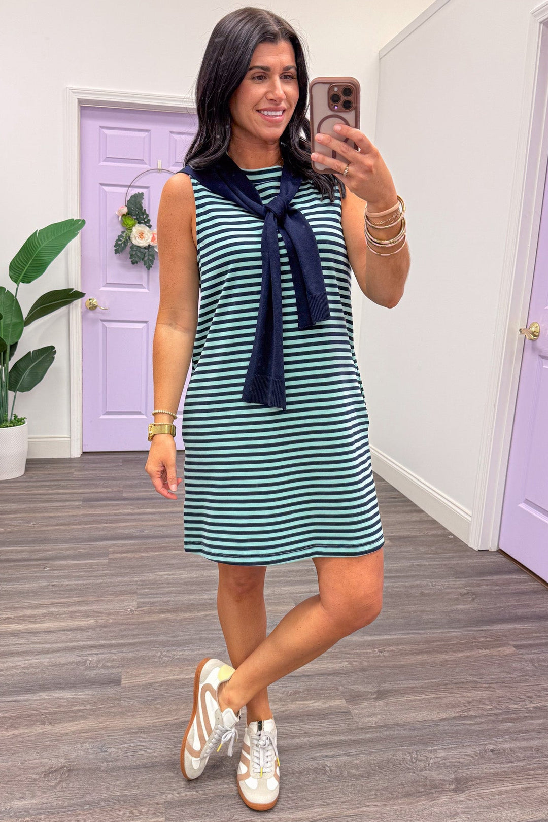 Entro Navy And Mint Striped Knit Dress With Attached Scarf Small Entro Navy And Mint Striped Knit Dress With Attached Scarf Small
