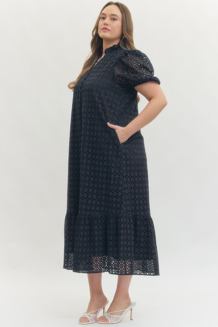 Entro navy blue embroidery eyelet detailed maxi dress in plus size with side pockets