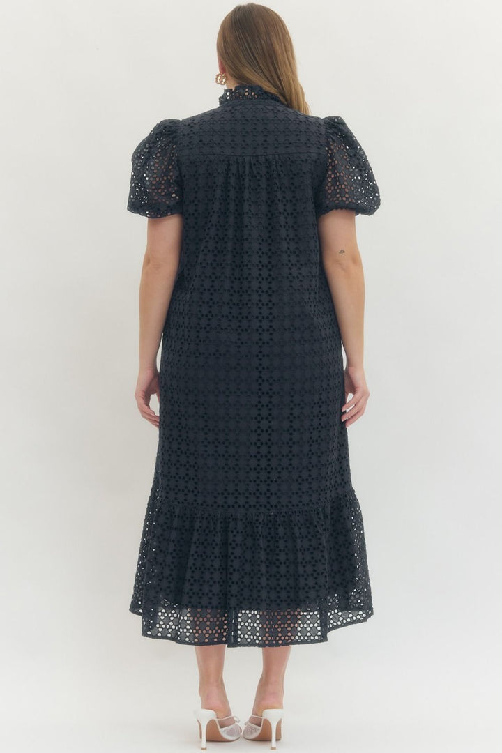 Entro navy blue embroidery eyelet detailed maxi dress in plus size with a flowy skirt