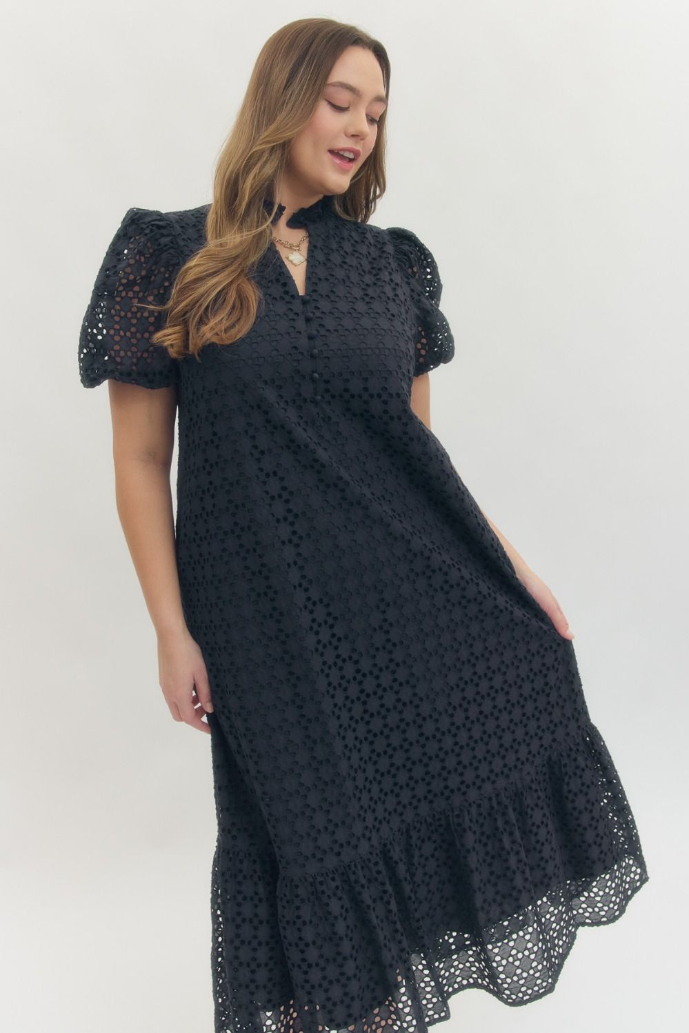 Entro navy blue embroidery eyelet detailed maxi dress in plus size with flattering silhouette