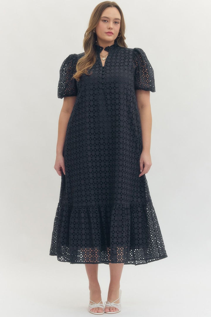 Entro navy blue embroidery eyelet detailed maxi dress in plus size