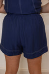 navy blue white stitching elastic waist shorts