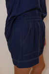 navy blue white stitching elastic waist shorts