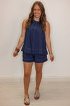navy blue white stitching elastic waist shorts