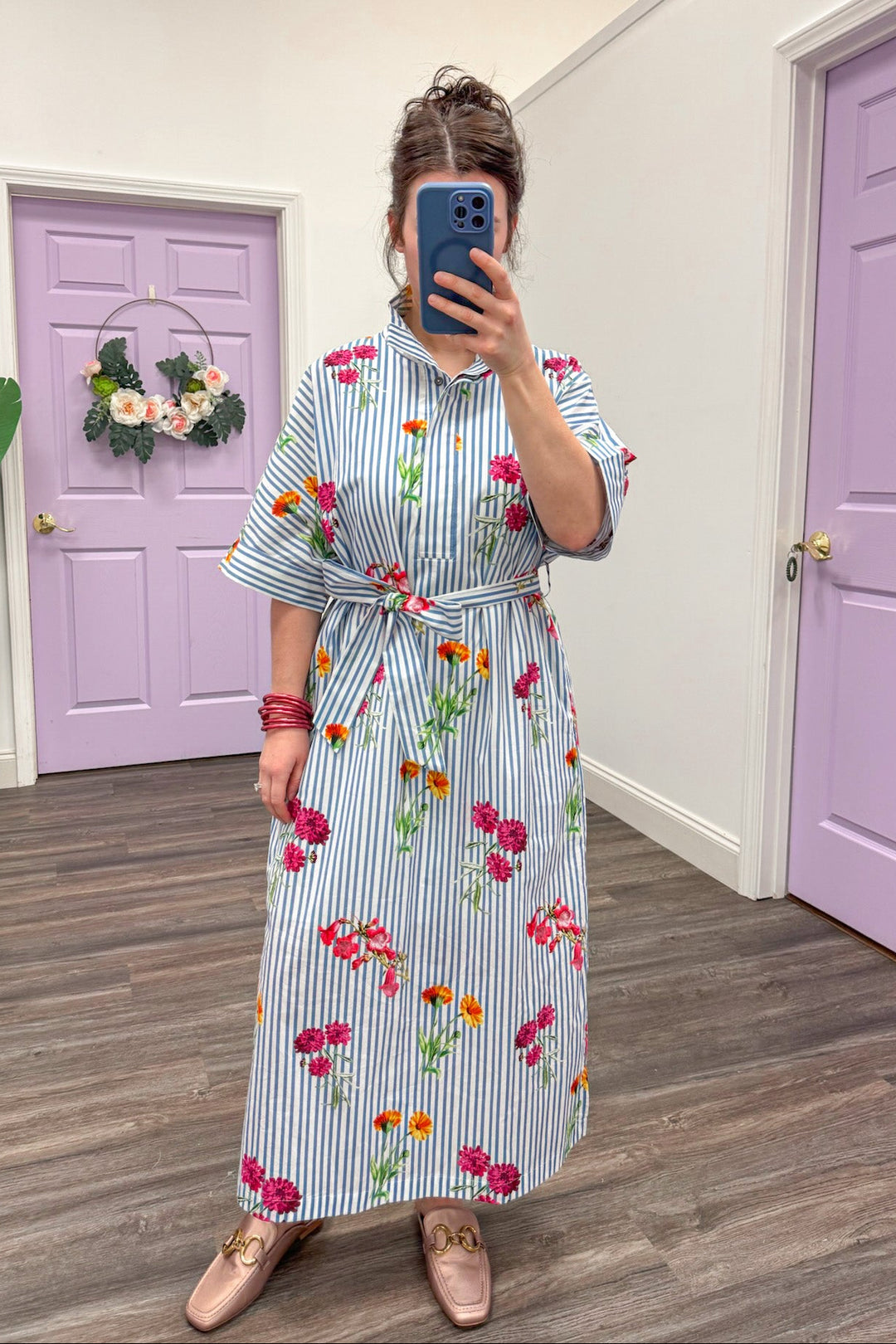 poplin cotton blue white striped floral printed midi dress