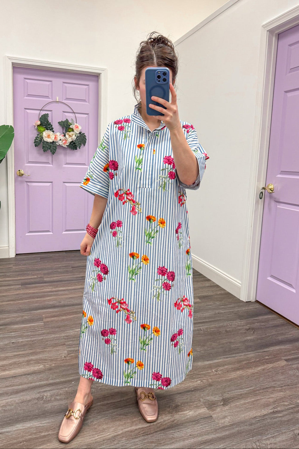 poplin cotton blue white striped floral printed maxi dress