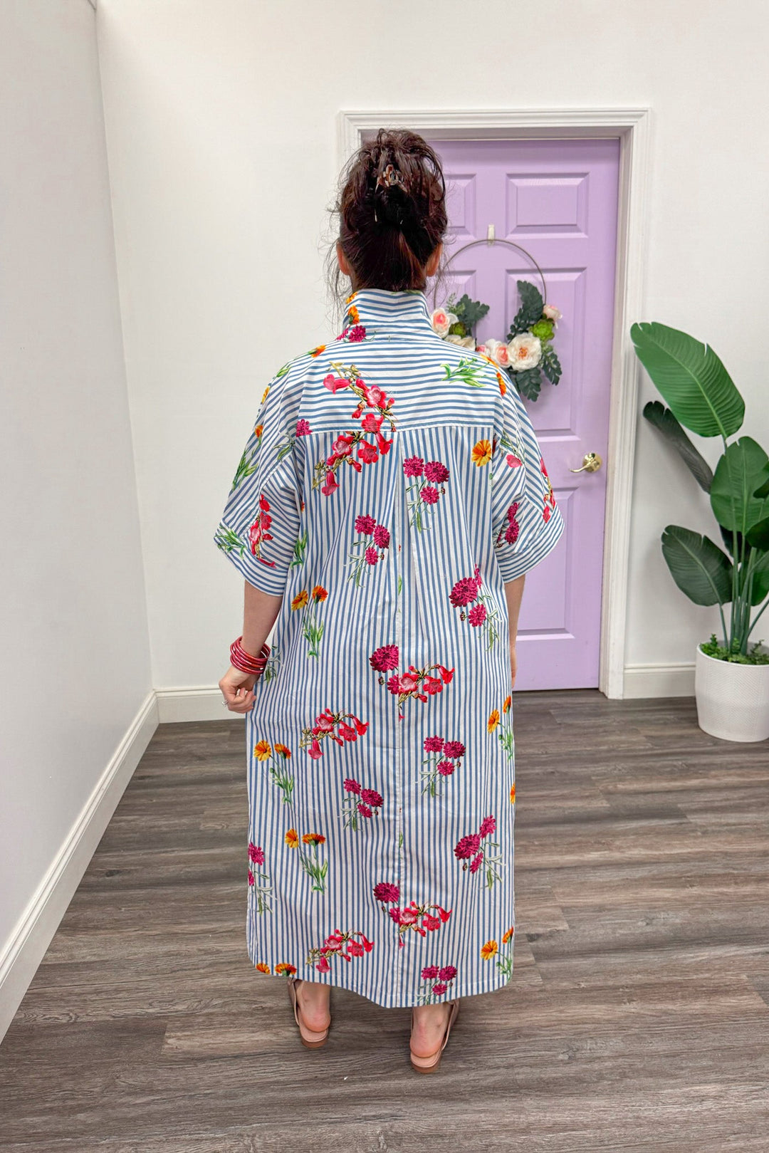 poplin cotton blue white striped floral printed midi dress back