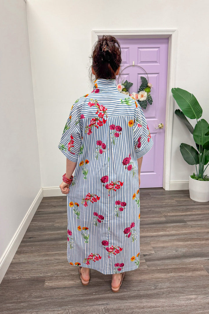 poplin cotton blue white striped floral printed midi dress back