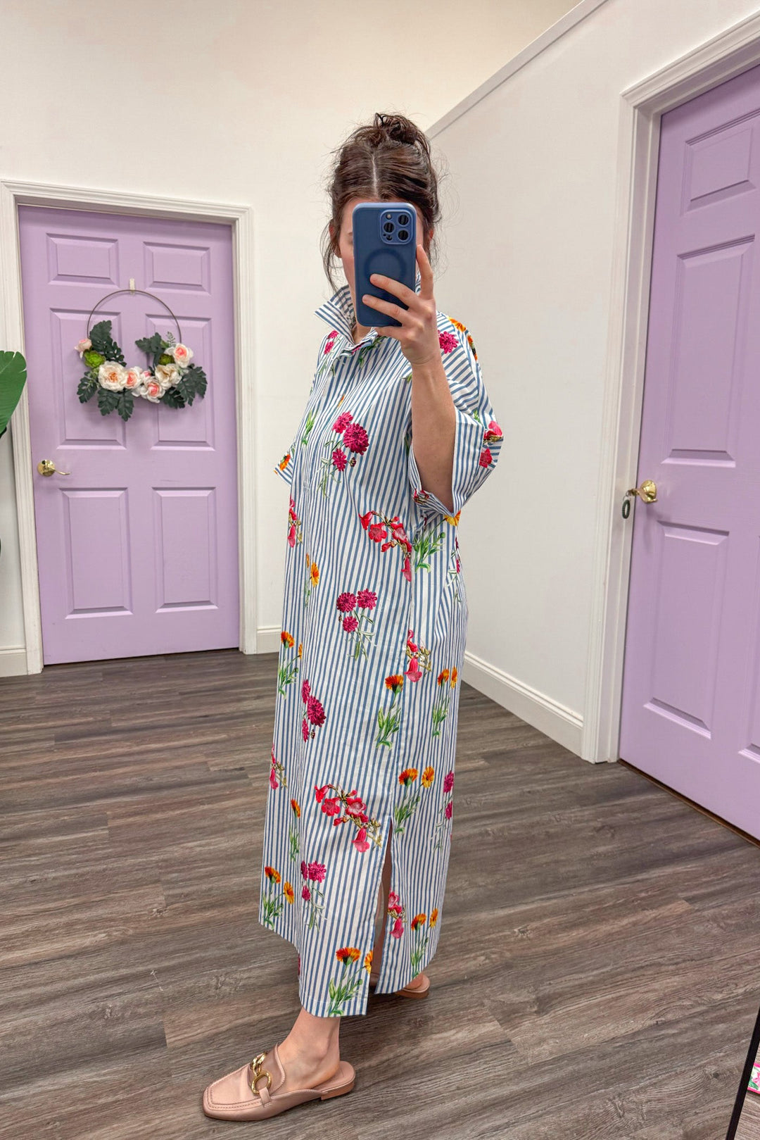 poplin cotton blue white striped floral printed midi dress with side slits