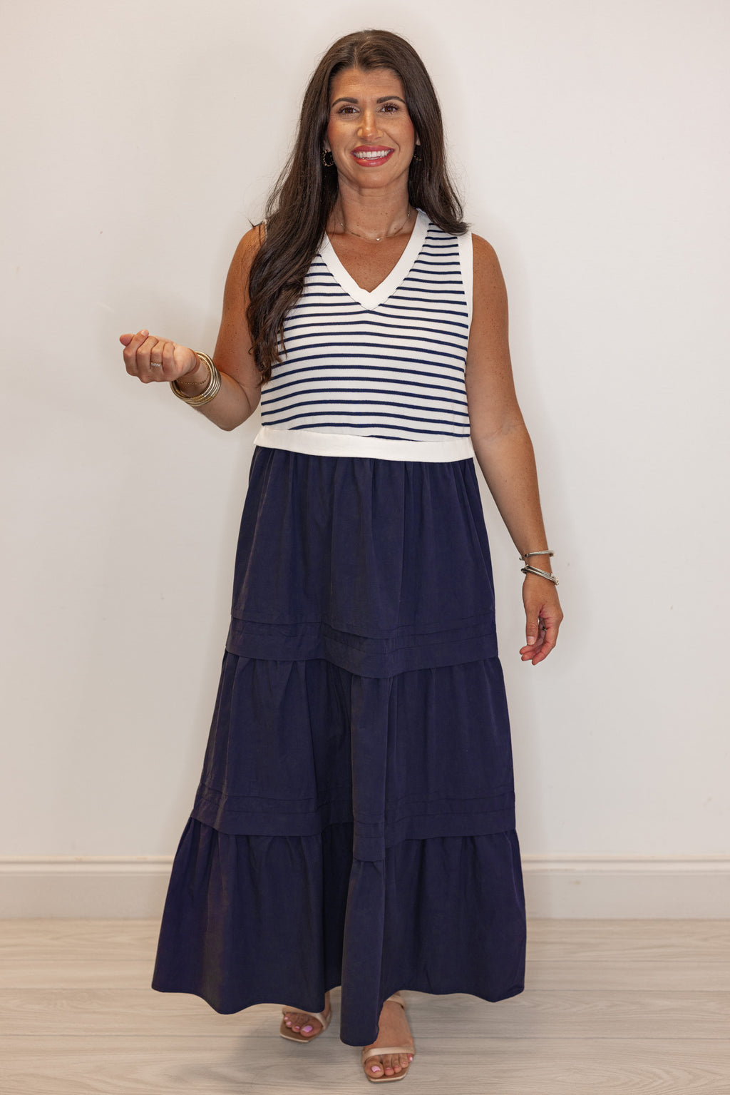 Women's navy poplin dress with sleeveless cream and navy knit striped top by Jodifl