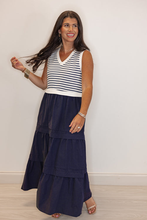 Women's navy poplin dress with sleeveless cream and navy knit striped top by Jodifl showing relaxed fit