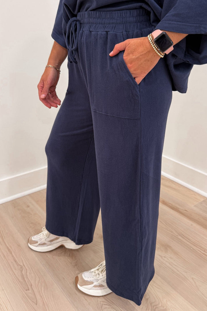 soft brushed knit solid navy blue top and front pocket pants matching loungewear set