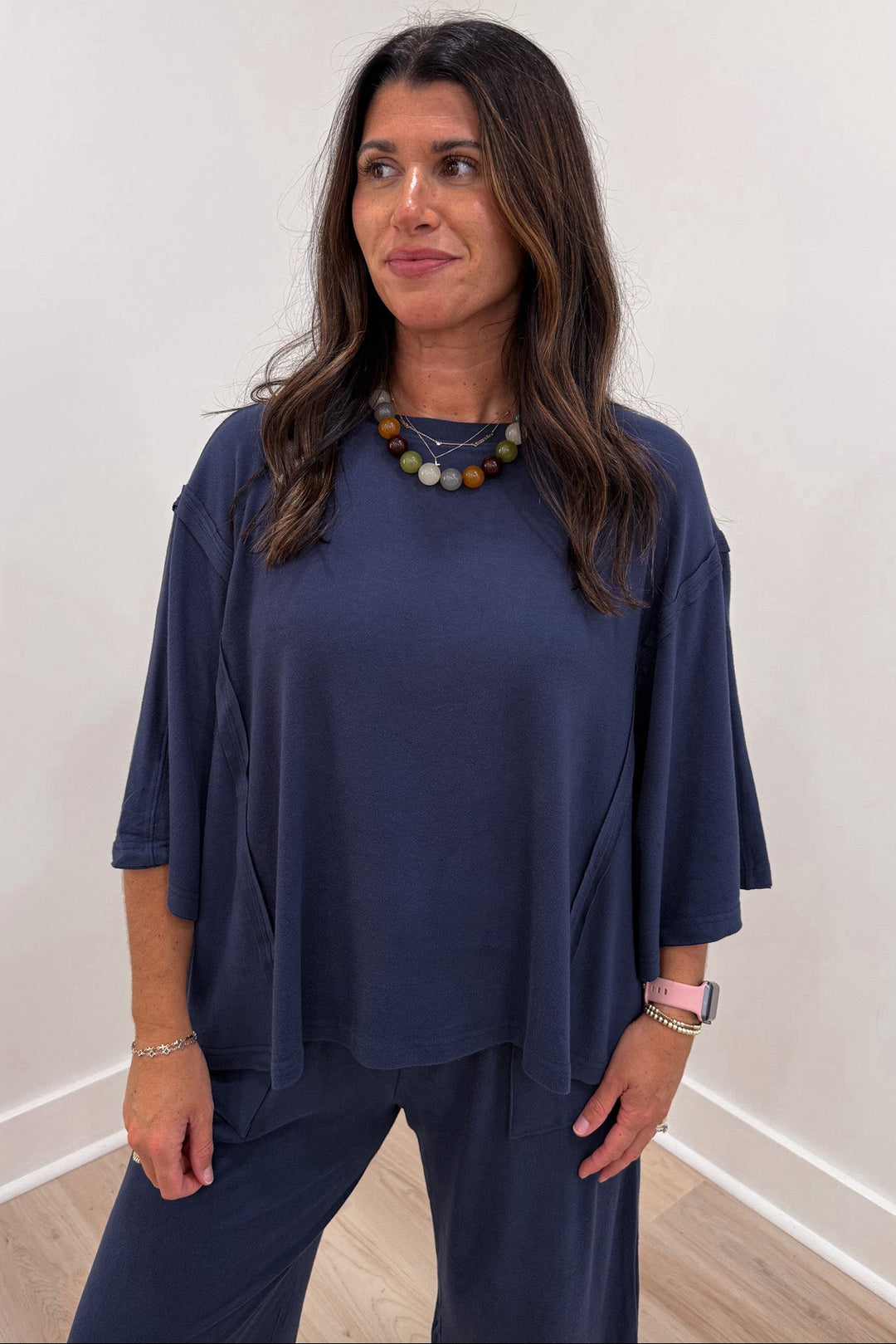 soft brushed knit solid navy blue crew neckline top and pants matching loungewear set