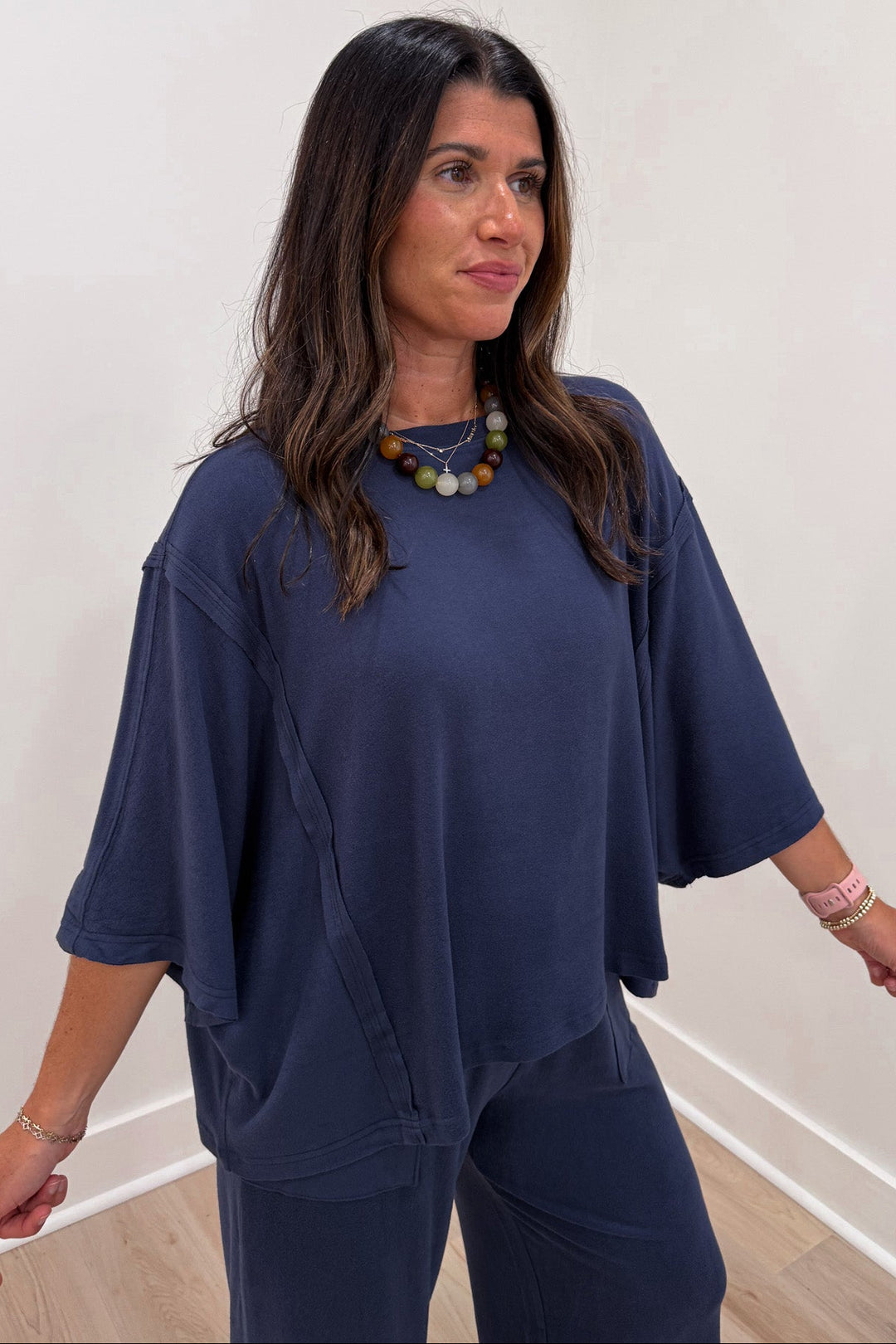 soft brushed knit solid navy blue short sleeve top and pants matching loungewear set