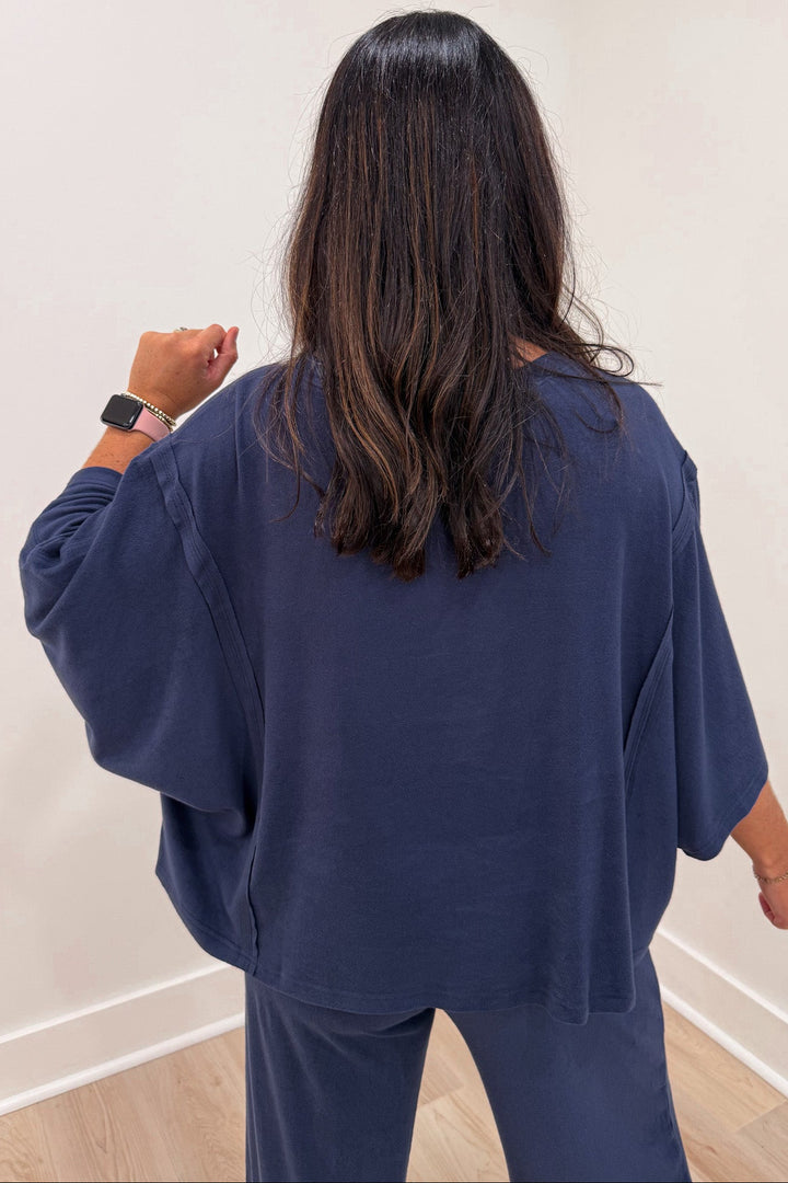 soft brushed knit solid navy blue boxy fit top and pants matching loungewear set
