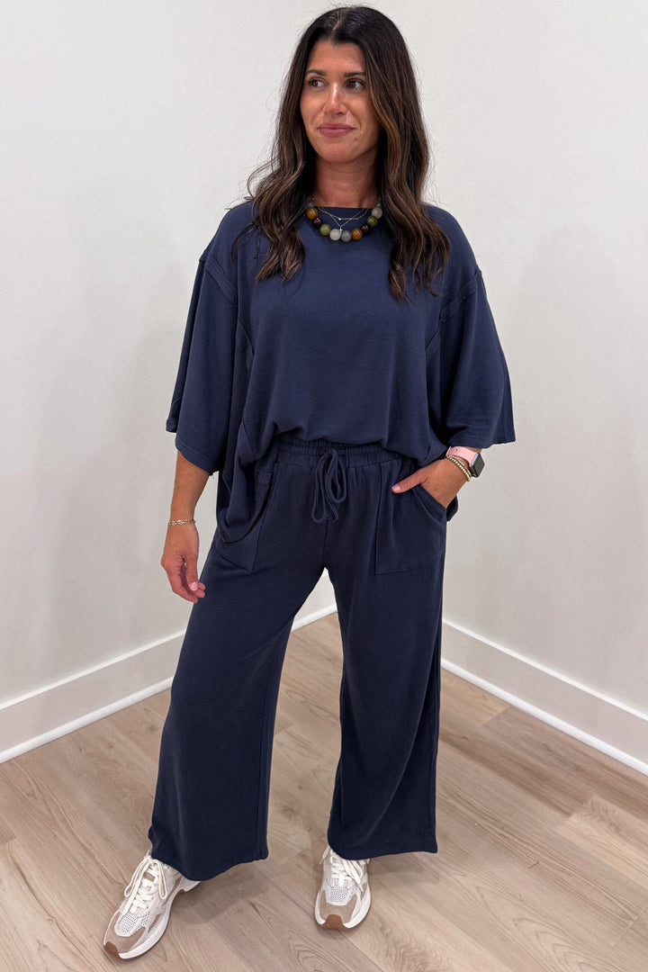 soft brushed knit solid navy blue top and wide leg pants matching loungewear set