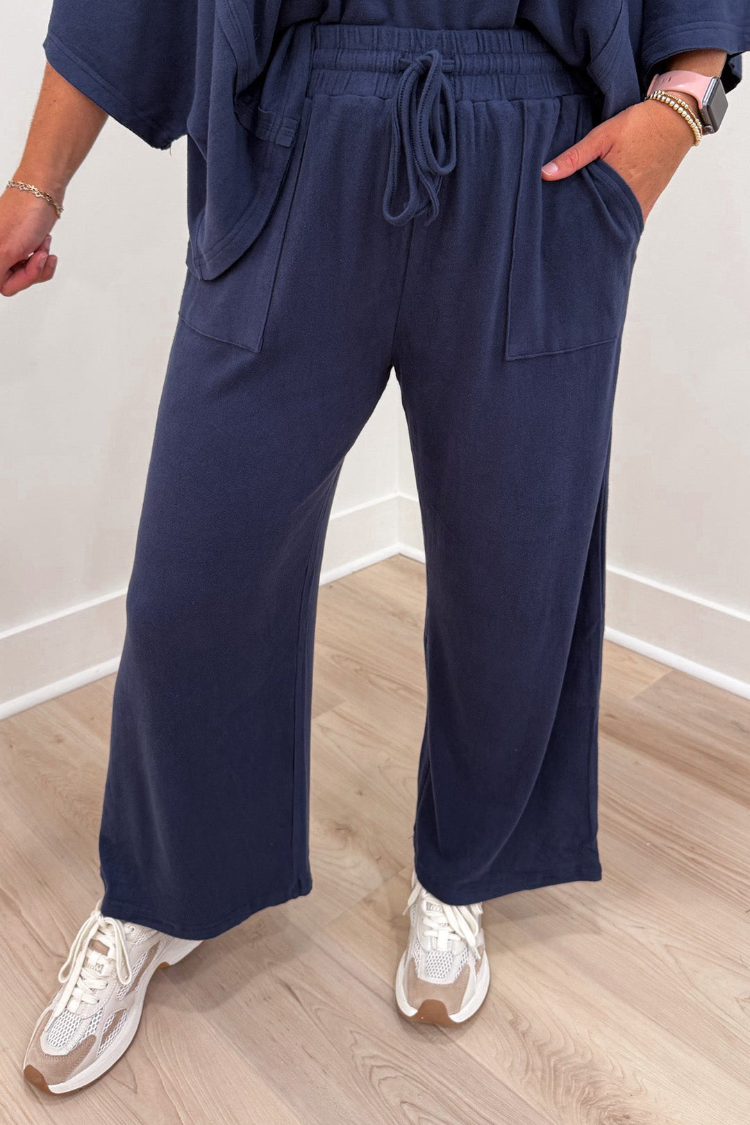 soft brushed knit solid navy blue top and drawstring pants matching loungewear set