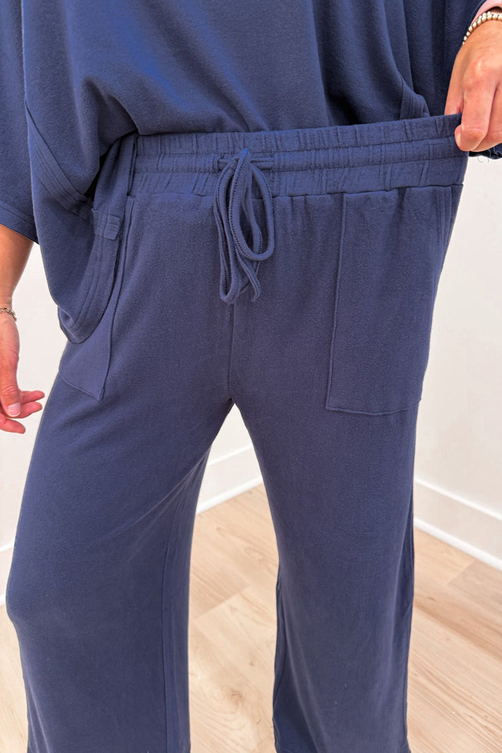 soft brushed knit solid navy blue top and elastic waist pants matching loungewear set