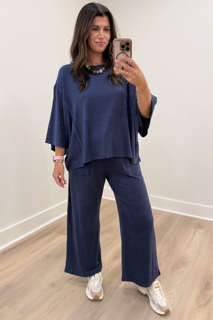 soft brushed knit solid navy blue top and pants matching loungewear set