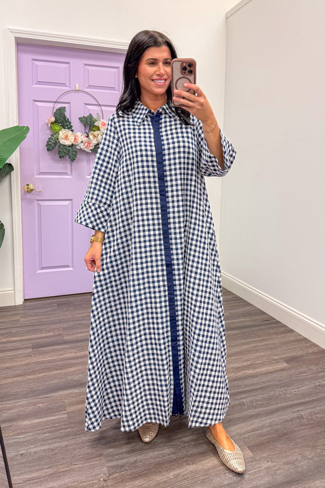 Women's navy and white gingham midi dress Purple Door Boutique Women's navy and white gingham midi dress Purple Door Boutique
