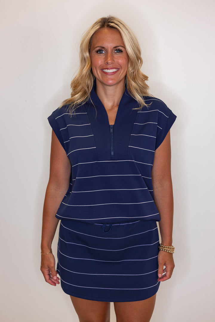 Women's smoky navy and cream striped scuba knit skirt lined with shorts by Rae Mode showing up close front view with matching top