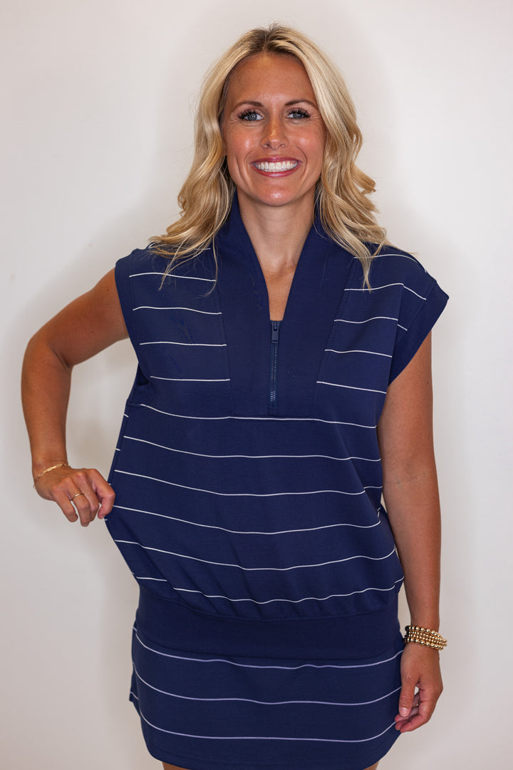 Women's smoky navy and cream striped scuba knit sleeveless top by Rae Mode showing tops scuba, stretch fabric