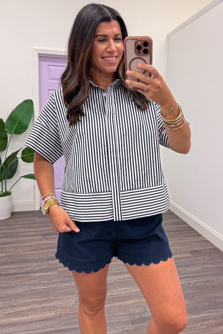 navy and white striped pattern button front top