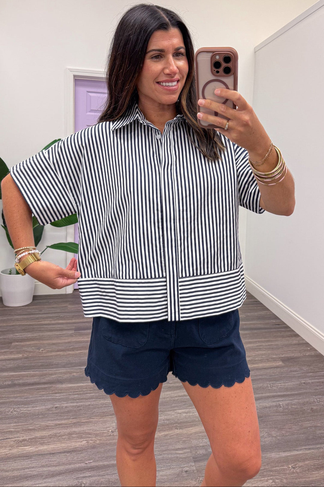 navy and white striped pattern button front relaxed boxy silhouette top