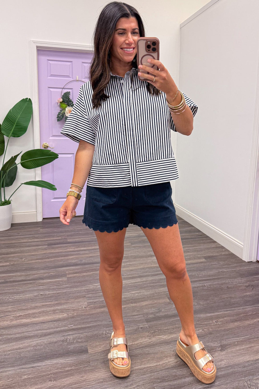 navy and white striped pattern button front short sleeve top