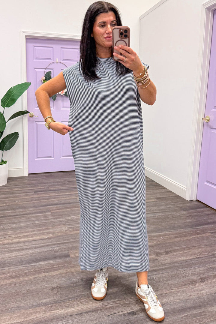 navy and white horizontal striped short sleeve knit midi dress relaxed silhouette