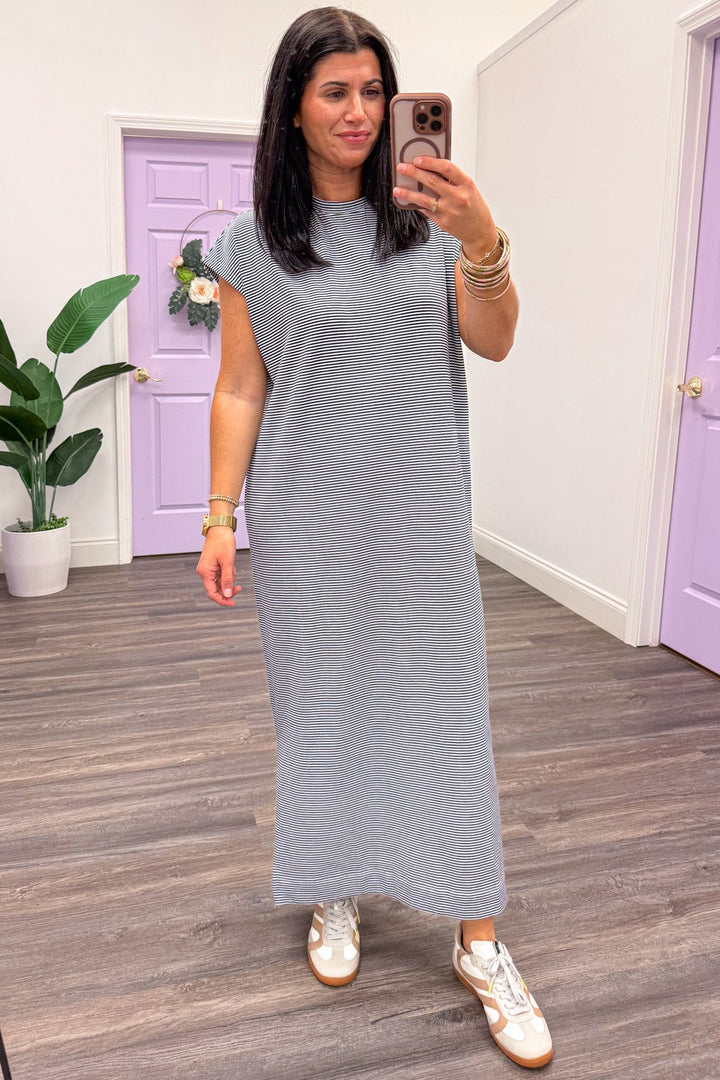 navy and white horizontal striped short sleeve knit midi dress