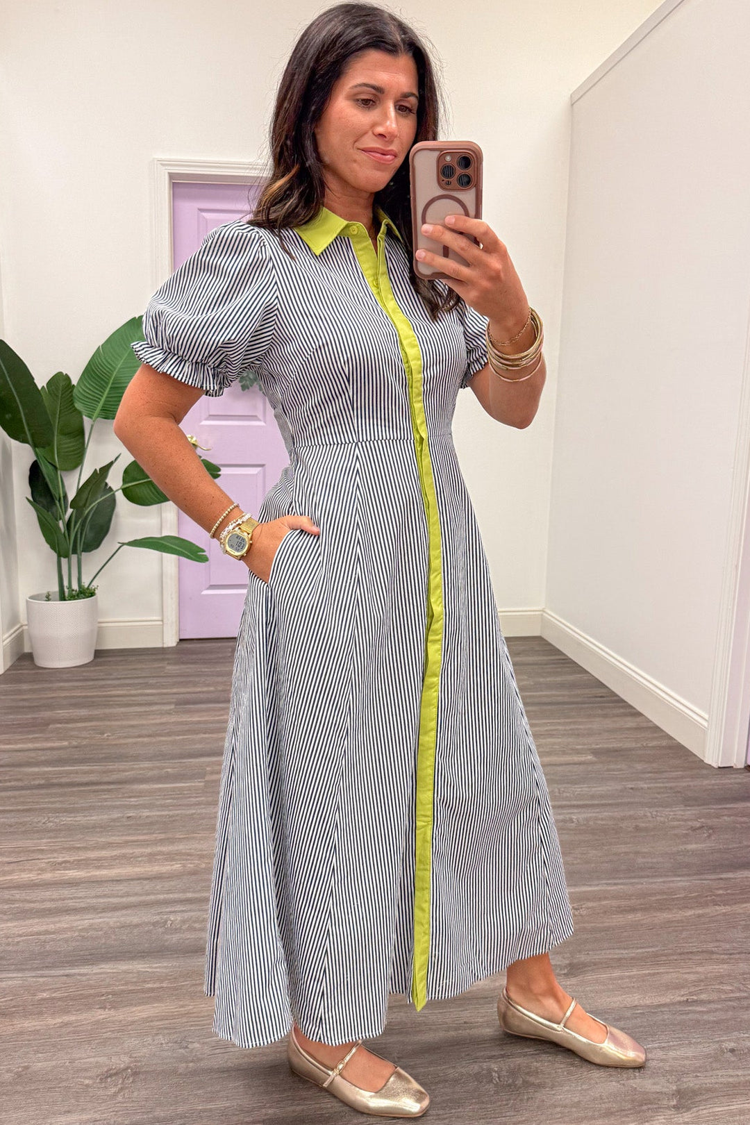 navy and white striped lime trim button front midi dress with side pockets