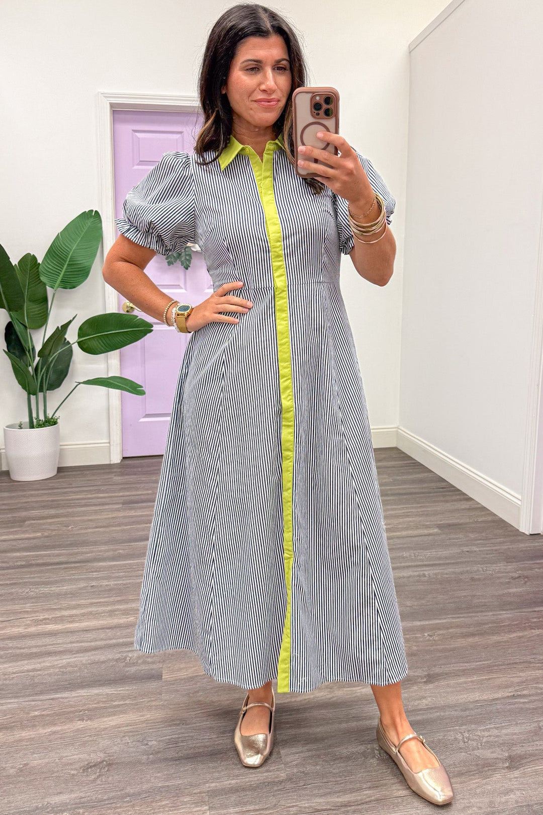 navy and lime green dress Off White and Navy Striped Sweetheart Midi Dress