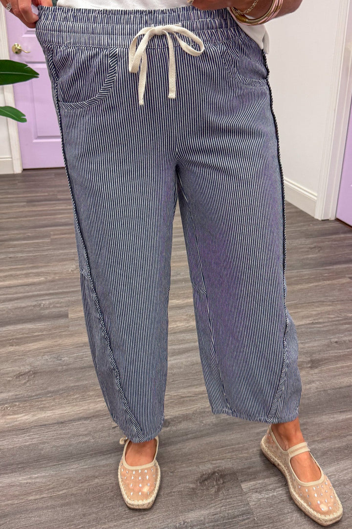 navy blue and white vertical striped wide leg elastic waistband twill barrel pants