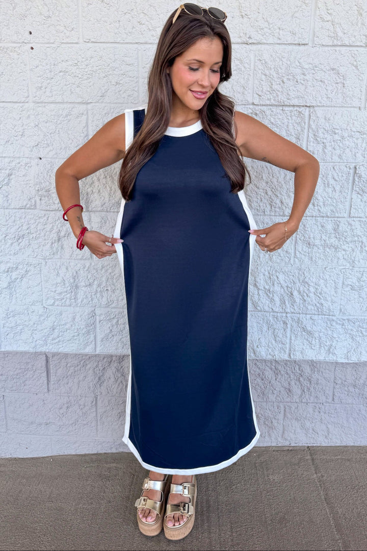 navy with white trim details sleeveless scuba knit midi dress relaxed silhouette