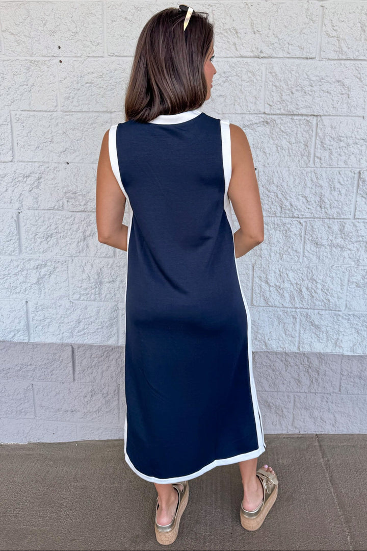 navy with white trim details sleeveless lightweight scuba knit midi dress