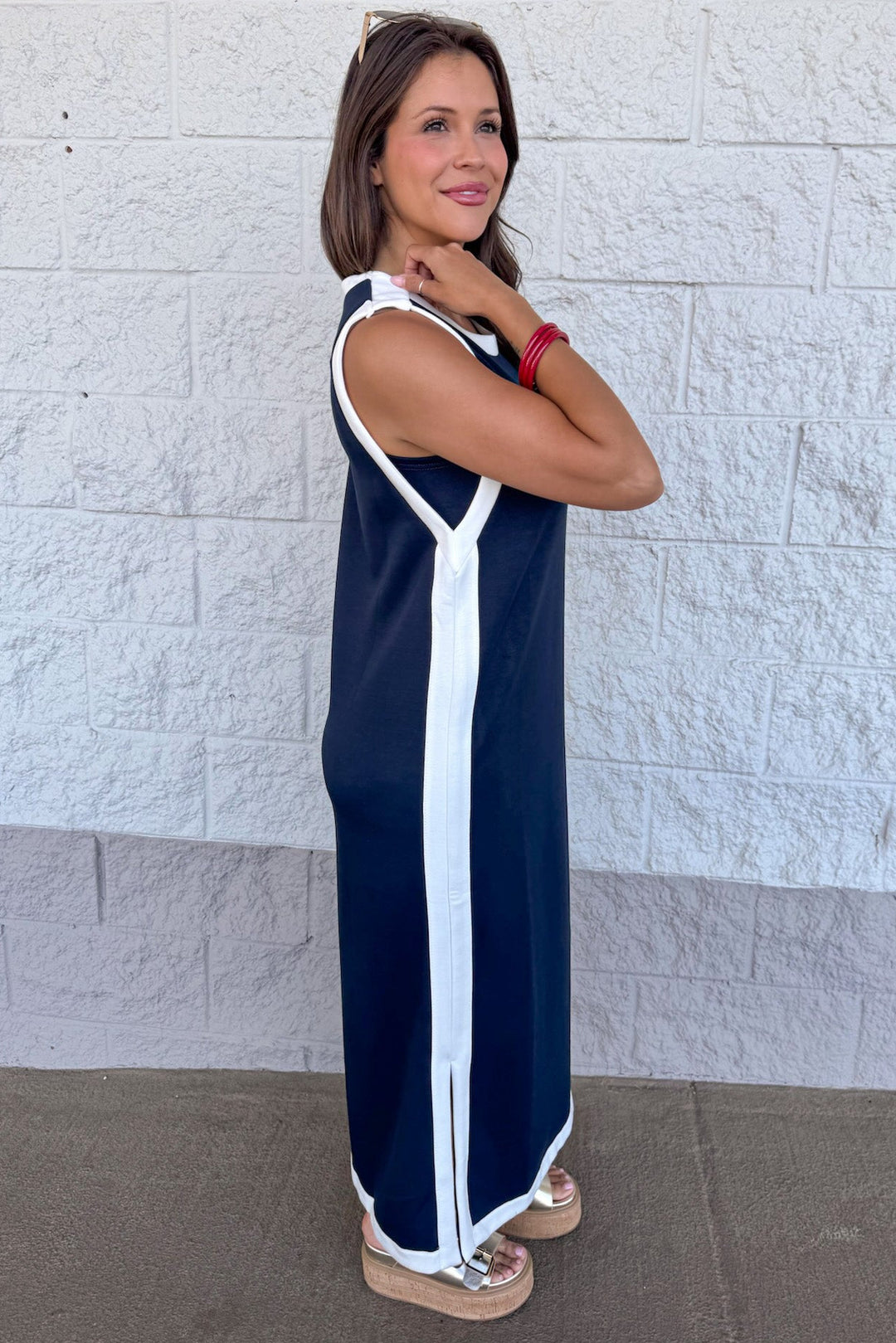 navy with white trim scuba knit midi dress side slits at bottom hem