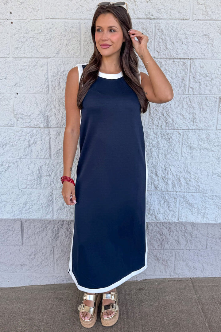 navy with white trim details sleeveless scuba knit midi dress