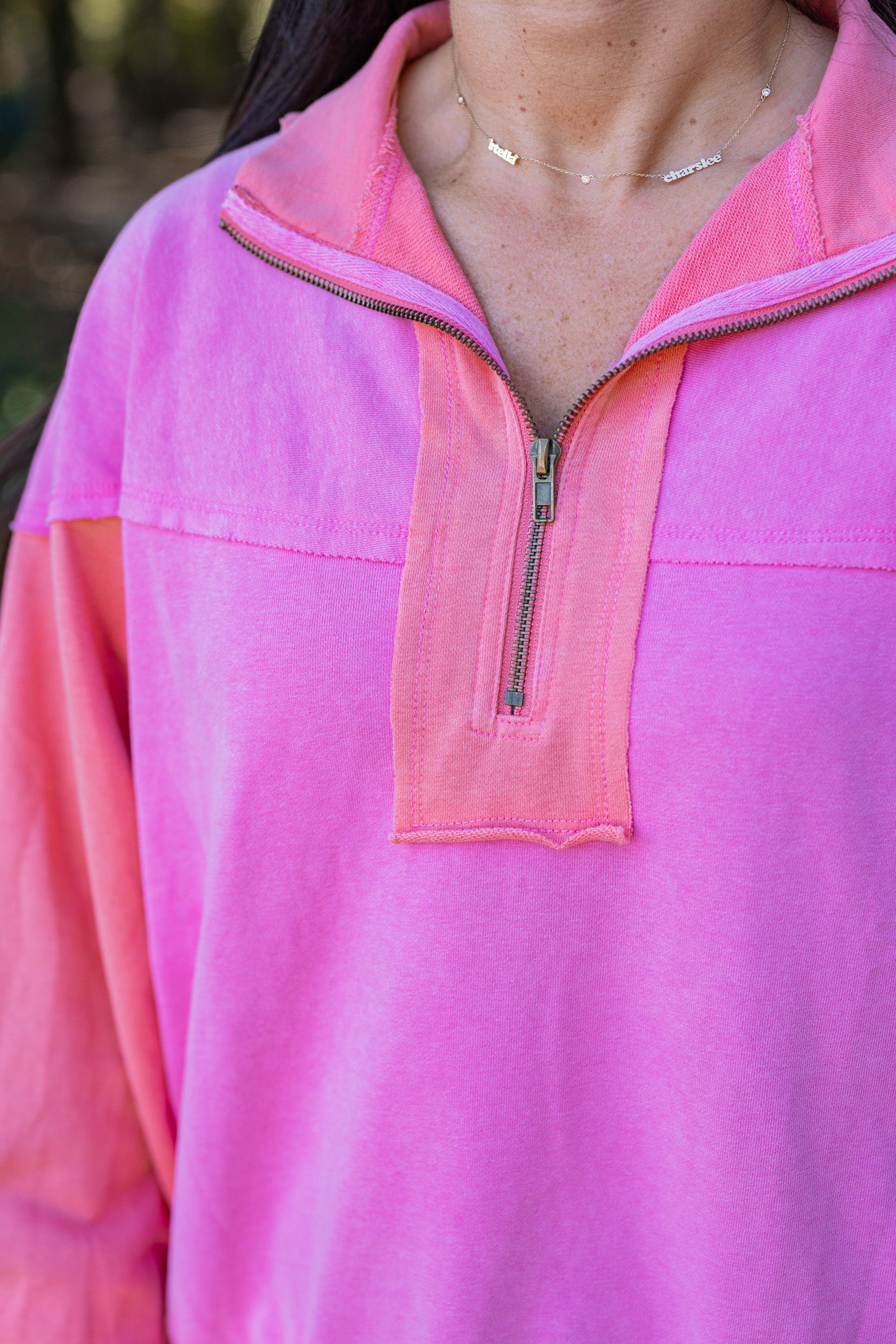 Pink Coral Colorblock Half Zip Sweatshirt | Purple Door | Commerce