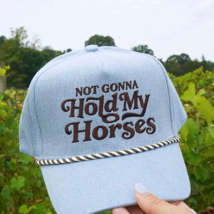 not gonna hold my horses denim trucker hat