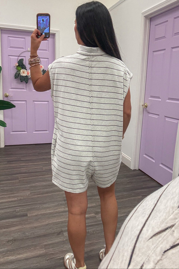 oatmeal and brown striped button front polo style sleeveless wide leg knit romper