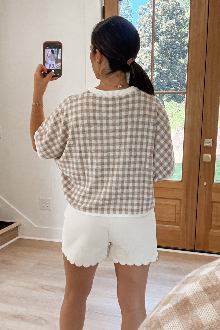 oatmeal gingham knit top back