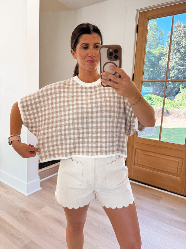 oatmeal tan gingham knit top entro 