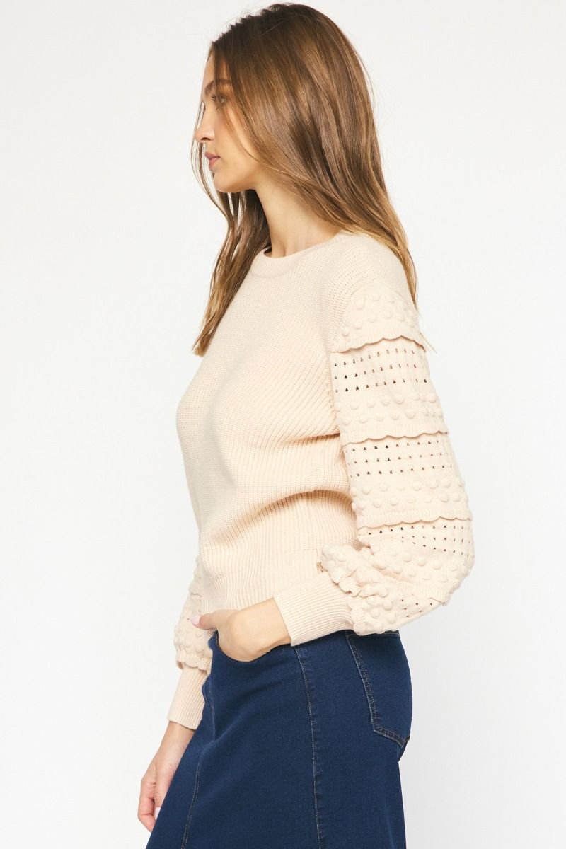 Entro Oatmeal ribbed knit sweater with textured and ruffle accented sleeves