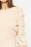 Entro Oatmeal ribbed knit sweater with textured and ruffle accented sleeves