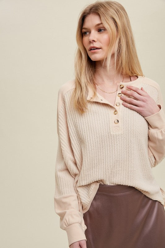 Wishlist Oatmeal soft waffle knit long sleeve top